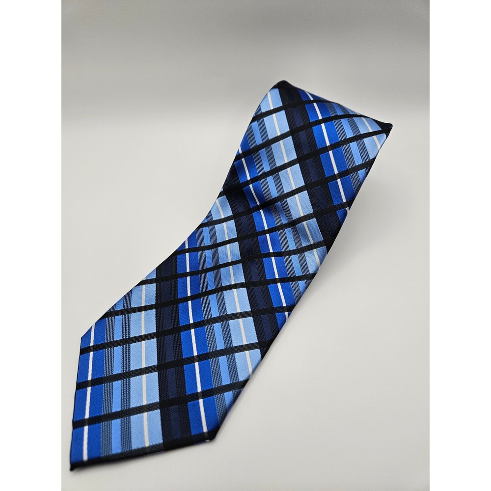 David Taylor Collection Mens Blue Black Plaid Polyester Necktie Classic Tie 58"